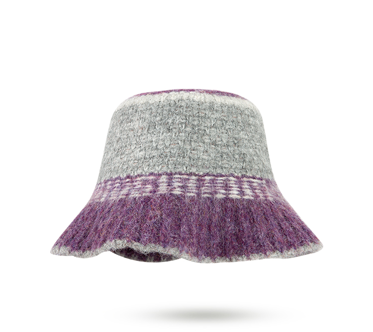custom mixed fleck wool mohair blend knitted bucket hat, horizontal color block jacquard stripes, irregular raw edge flared brim vintage winter fisherman hat