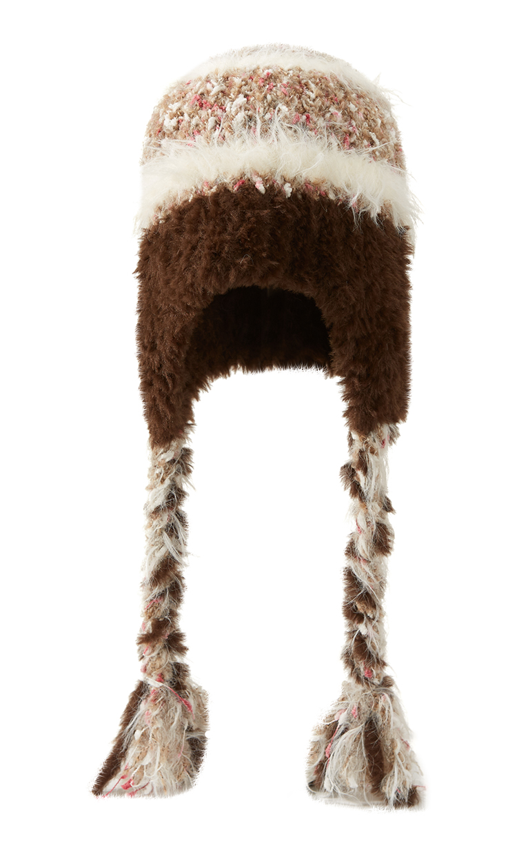 custom mixed color speckle tweed knitted ear protection hat, long shaggy mohair lined ear flaps, hand braided yarn tassel winter trapper hat
