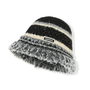 custom cream bouclé textured knitted bucket hat, dual color horizontal stripe jacquard, two tone shaggy faux fur flared brim, sew on brand woven tag winter hat