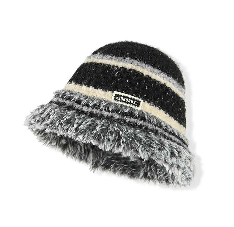 custom cream bouclé textured knitted bucket hat, dual color horizontal stripe jacquard, two tone shaggy faux fur flared brim, sew on brand woven tag winter hat